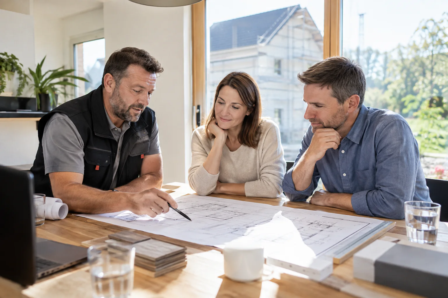 Polier bespricht mit Eigentümern Baupläne eines Hauses